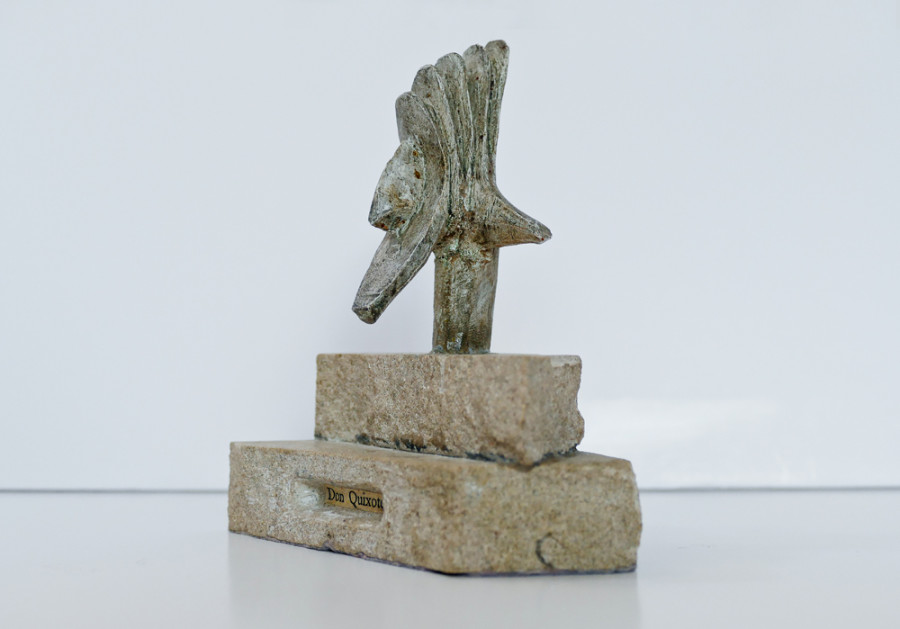 "Don Quixote" Sculpture 11.5 x 11cm. Found stone base with text inlay and ceramic head by Graham Kingsley Brown.