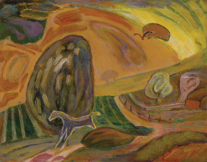 Horse in a rural landscape - The Fleeing Horse - oil on board unsigned 23cm x 29cm  by Graham Kingsley Brown.